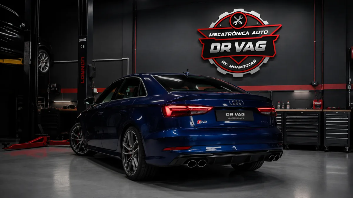 Imagem promocional DrVag com Audi S3 em ambiente de oficina